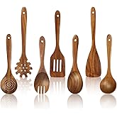 comfoyar Wooden Kitchen Cooking Utenails Set, 7 Pieces Natural Teak Wooden Spoons for Cooking with Spatula and Ladle, Heat Resistant Kitchen Cookware for Nonstick Pan