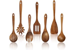 comfoyar Teak Wooden Spoons for Cooking, 7 Pieces Kitchen Cooking Utenails Set with Spatula and Ladle, Heat Resistant Kitchen