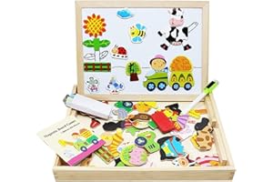 Lewo Wooden Kids Educational Toys Magnetic Easel Double Side Dry Erase Board Puzzles Games for Boys Girls