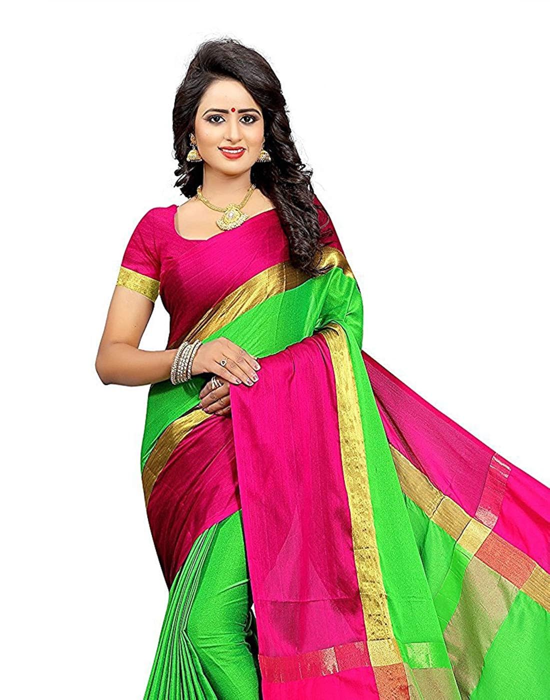 buyonn cotton silk solid saree(red green _free size)