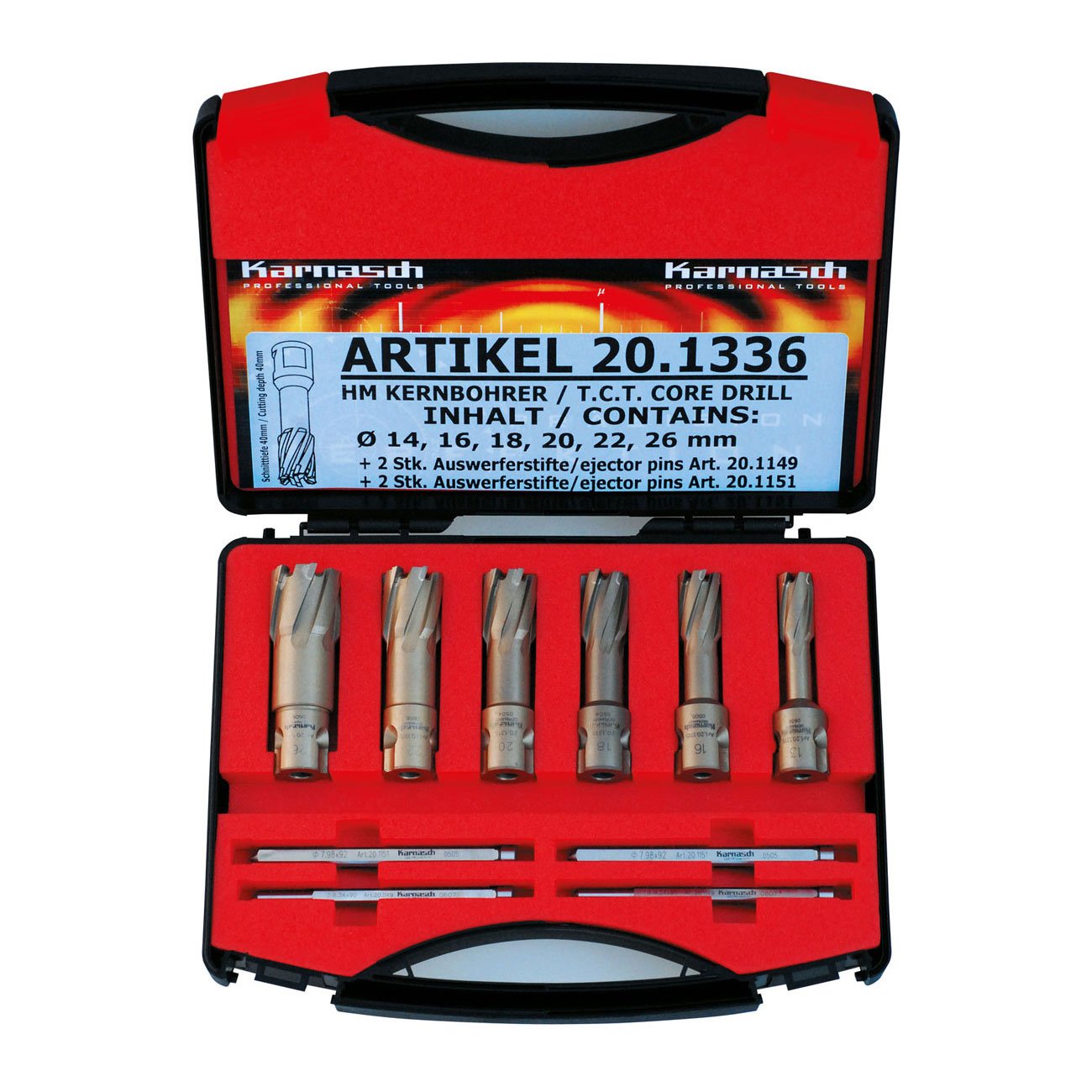 KARNASCH 201336 Hard-Line 40 Basic Set Contains 6 Carbide Tip Core Drill Bit Weldon Shank 19mm