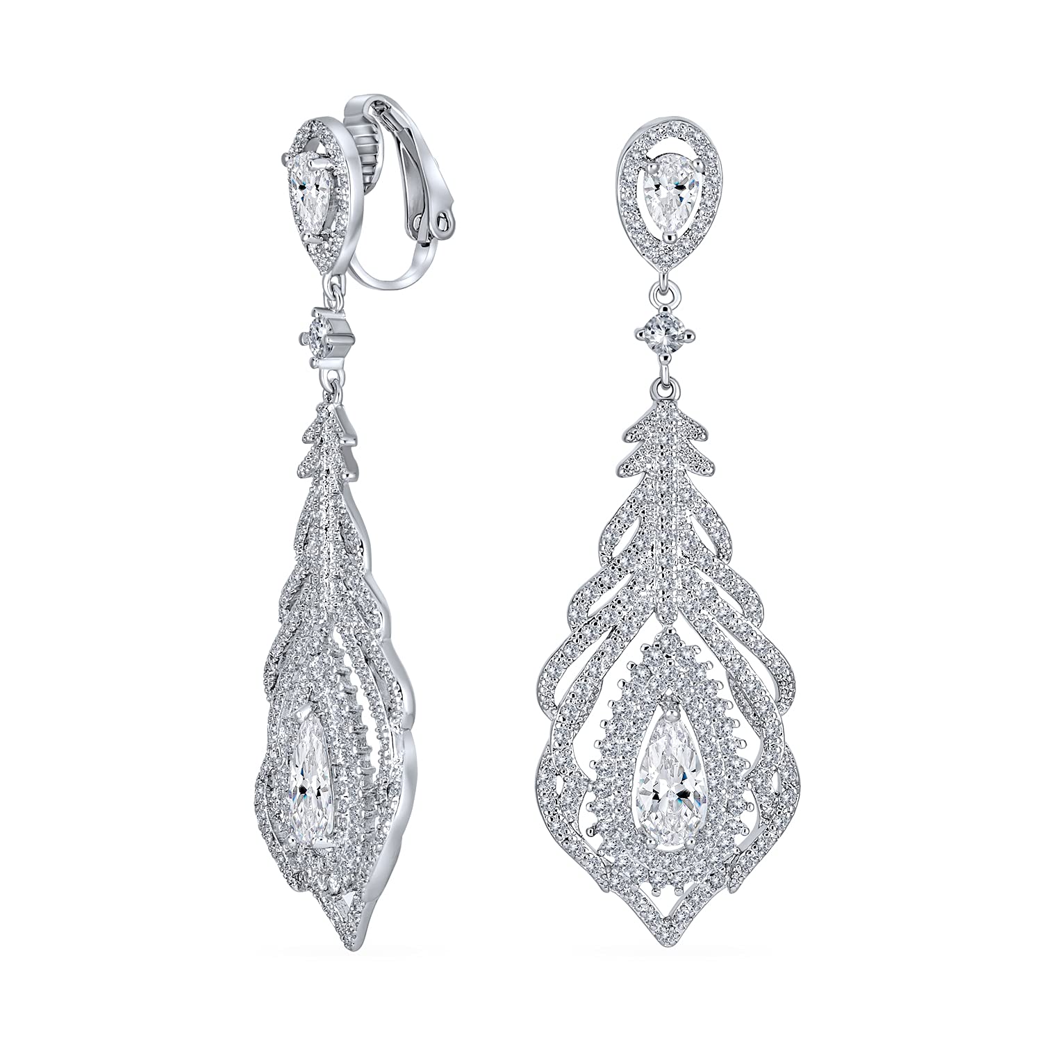 Vintage Bridal Art Deco Style Cubic Zirconia Halo Leaf Teardrop Long Statement CZ Chandelier Dangle Clip On Earrings For Women Prom Silver Plated Brass