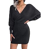 Qkezz Women Bodycon Sweater Dresses Short Sexy Wrap V Neck Long Sleeve Mini Fall Knit Dresses