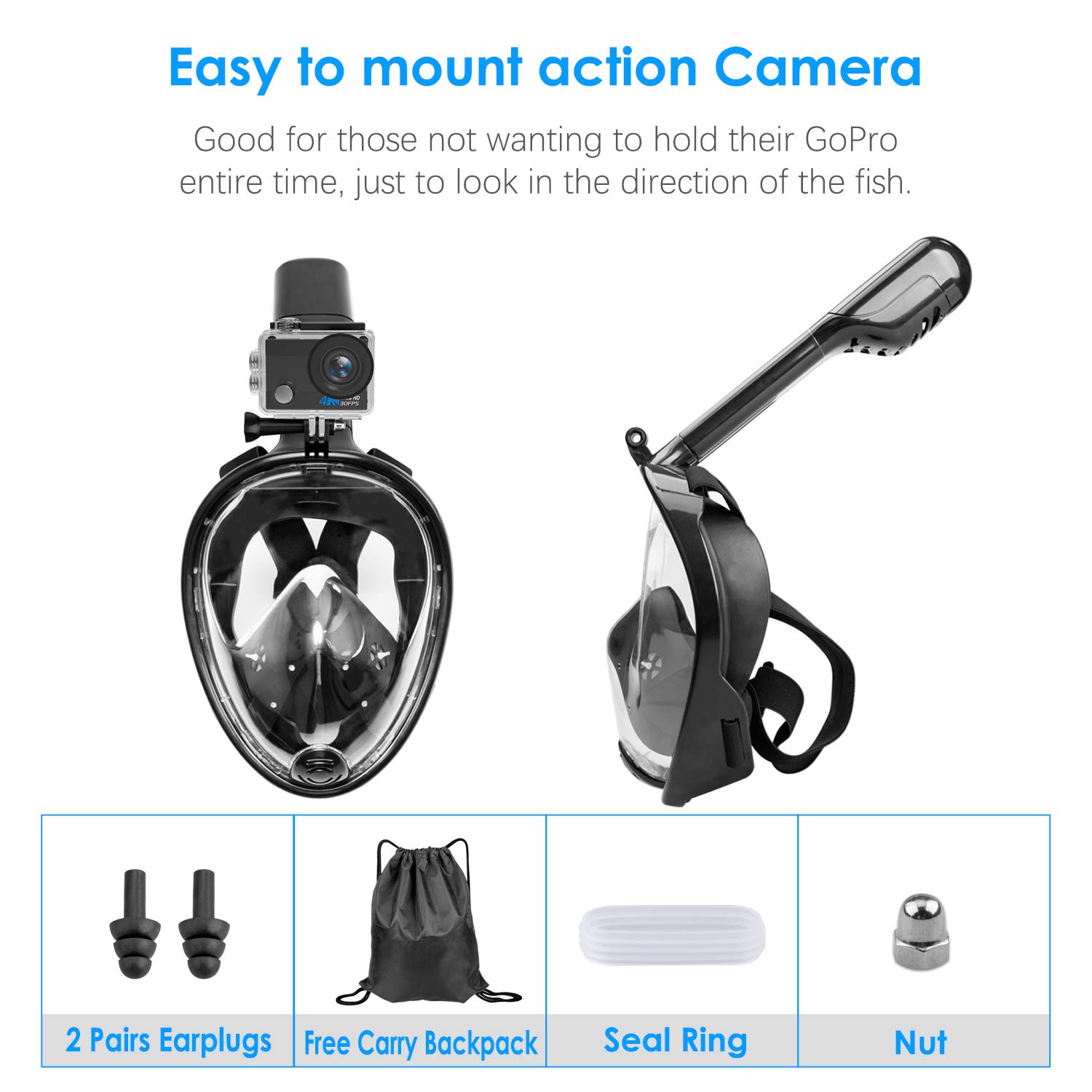 Ezire Full Face Snorkel Mask, 2-Pack Seaview 180&deg; Panoramic Viewing Snorkeling and Diving Mask with Action Camera Mount, Easy Breath Anti-Fog Anti-Leak Snorkeling Design for Adults (L/XL)