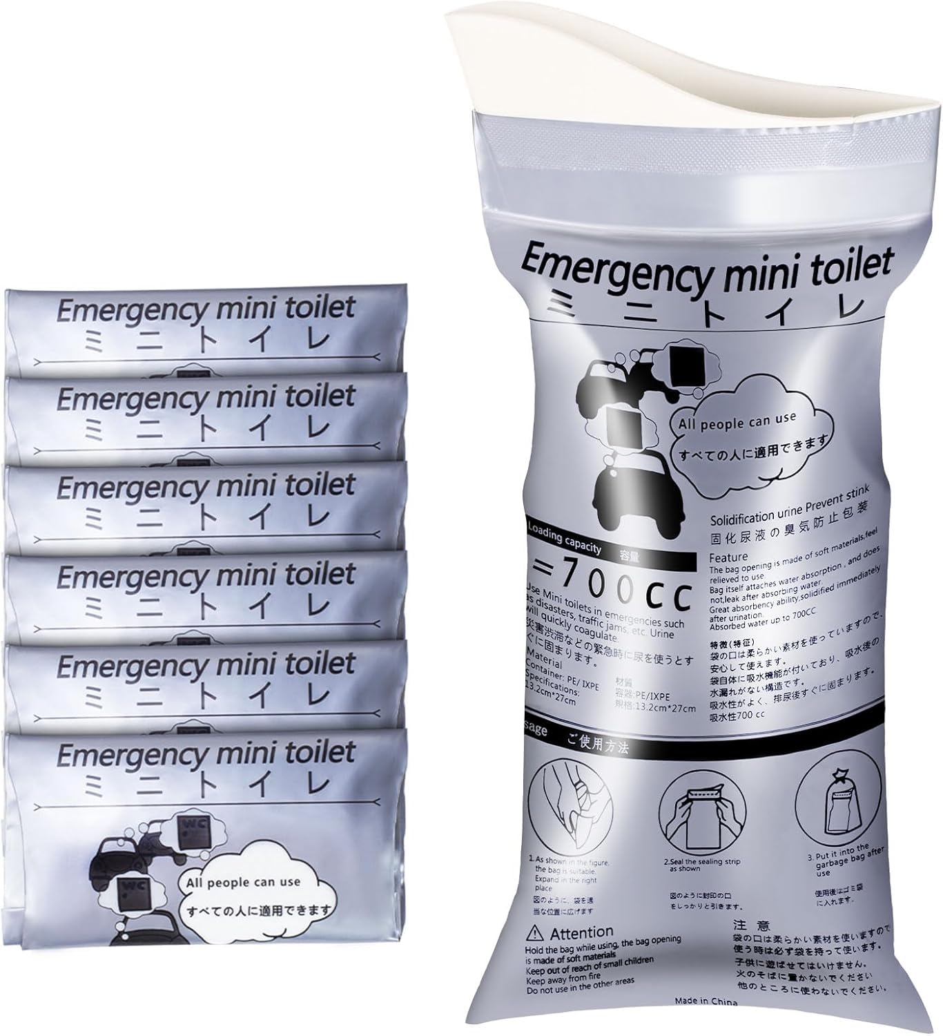 700ml Disposable Travel Toilet Bag – No-Spill with Solidifier Gel for Cars Vans HGV & Camping – Unisex Leak-Proof Emergency Urinal for Adults & Children – 6-Pack