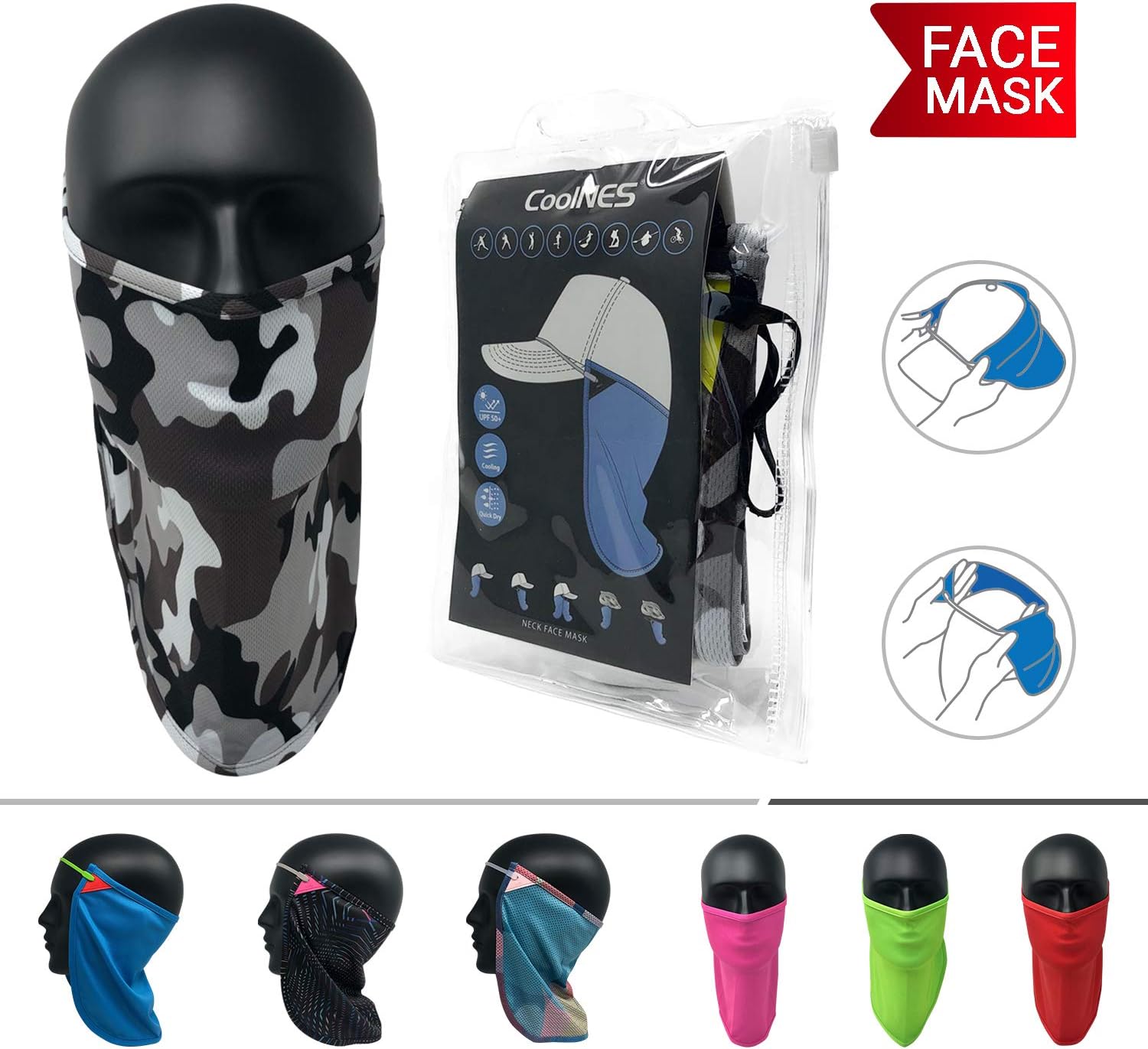 CoolNES UV Face Mask or Neck Sun Shield | 1 Product 2 Uses | Removable Universal Fit Headband + Flap | Cap | Hat | Bike | Ski | Hard Hat Helmets UPF 50+ Patented Multifunctional Headwear