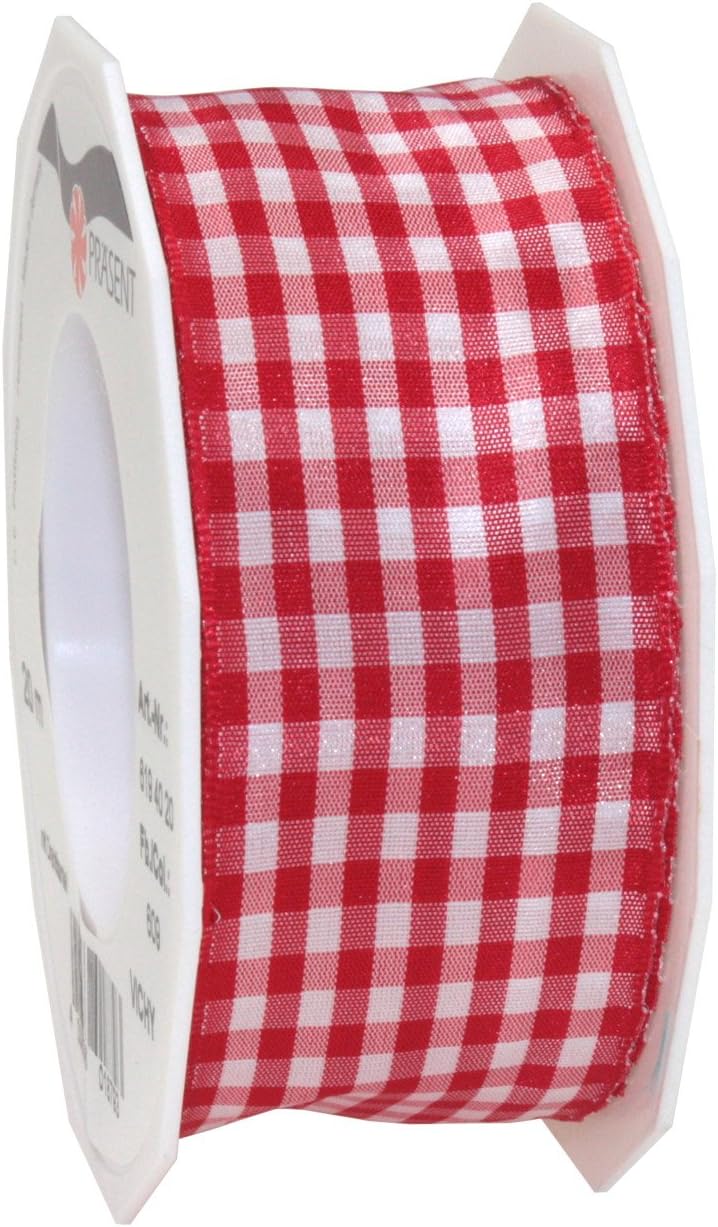 PRÄSENT - Vichy Wired Ribbon Red-White 40 mm width, 20 m length, Light Pink-white, 40mm - 20m