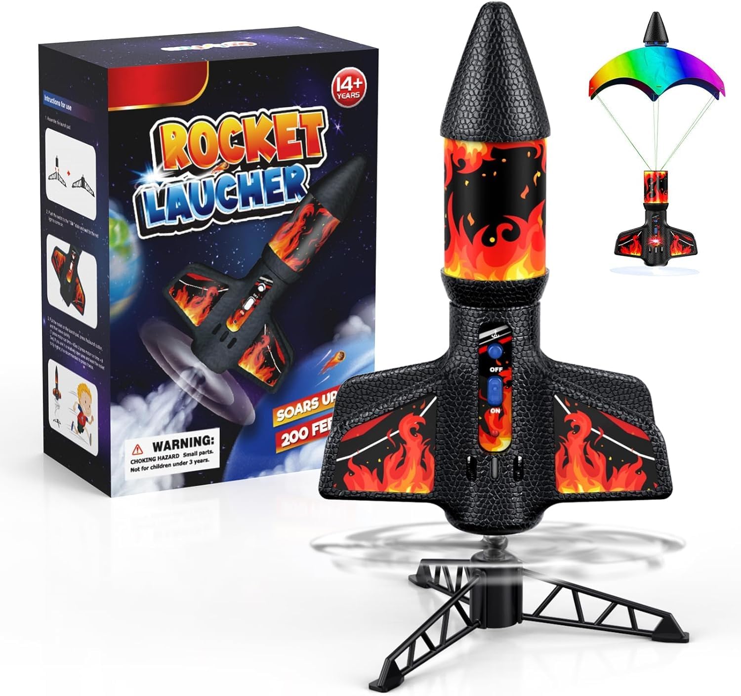 PDBEST Rocket Launcher for Kids with Parachute LED Light, Flight Altitude 200 Feet, Rechargeable Self-Launching Rocket Launch for Ages 8 to14 Gift for Kid Girl and Boys Red