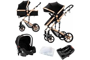 SUPPERBEBE 3 in 1 Baby Travel System Convertible Reversible Baby Stroller Portable Pushchair Infant Standard Pram Foldable Baby Carriage Luxury High Landscape Buggy for Newborn (UD588-BLACKGOLD with Base)