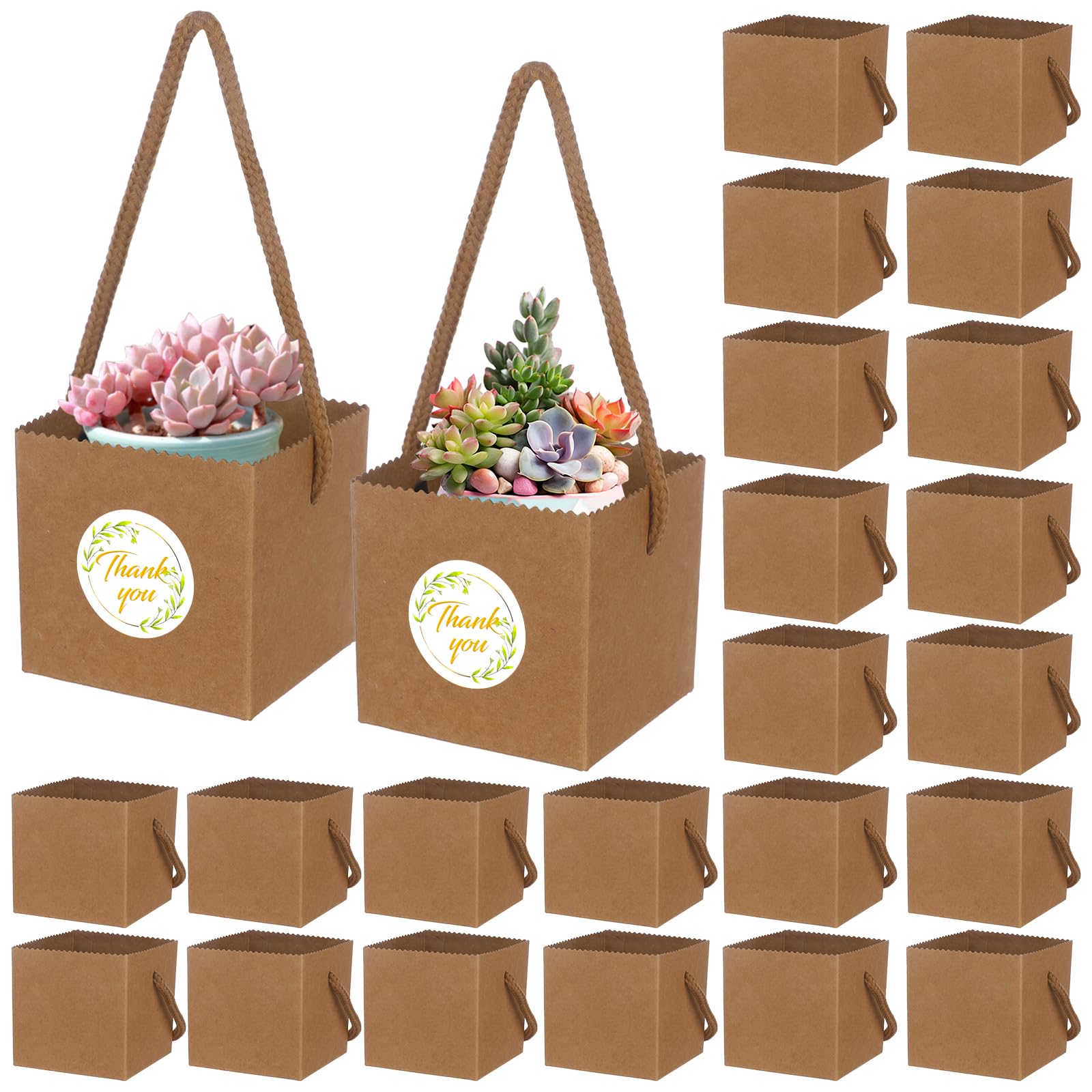 Photo 1 of 100pcs Succulent Wrap Bags Bulk Fits 2.5 Inch Pots with Thank You Stickers, Mini Kraft Paper Succulent Gift Box Basket with Handles for Wedding, Baby Shower, Succulent Plants Party Favors for Guests