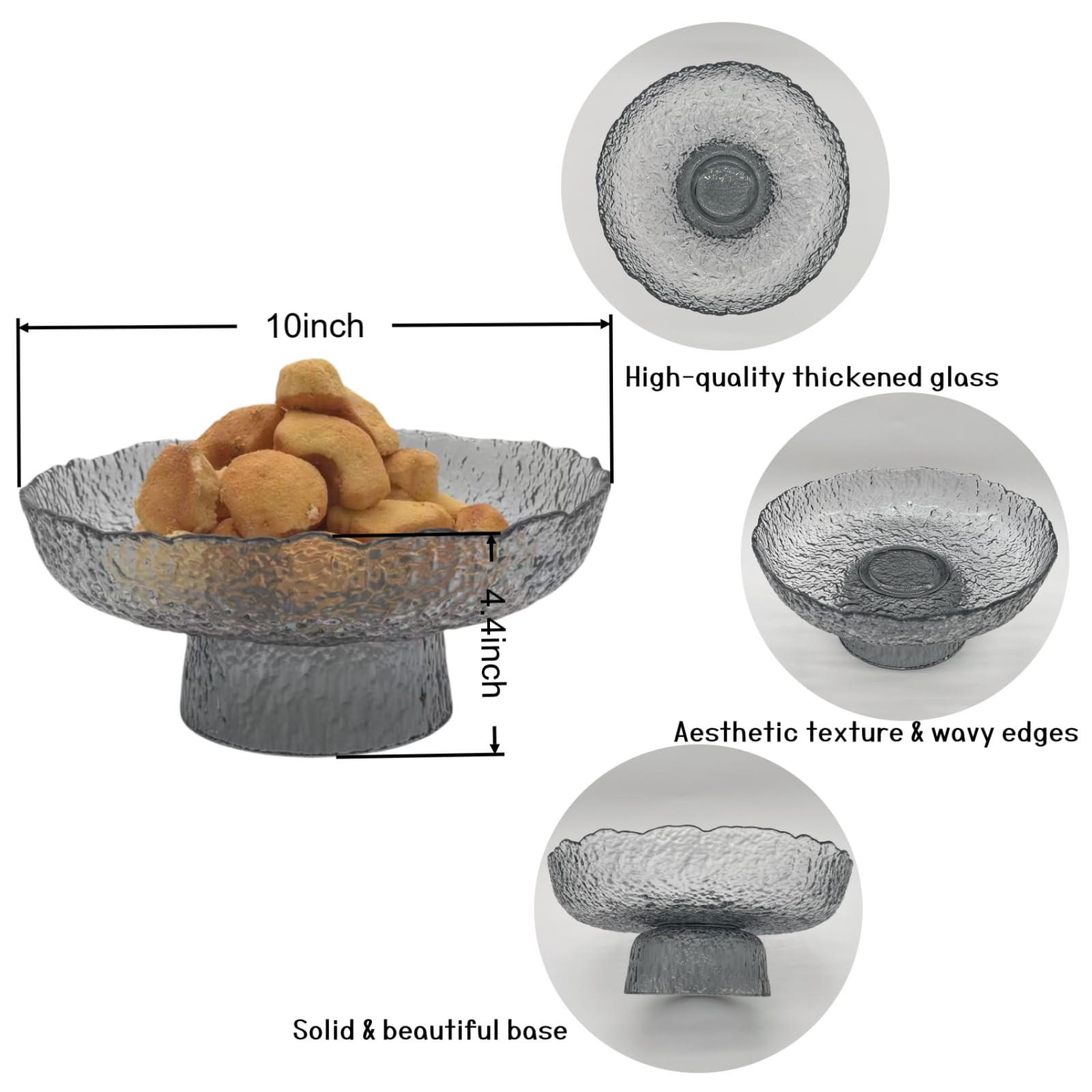 FESTLOVE Glass Fruit Bowl, 10” Gray Decorative Bowl, Fruit Bowl for Kitchen Counter, Decorative Pedestal Bowl Centerpieces Table for Home Décor, Candy Dish Dessert Display Stand