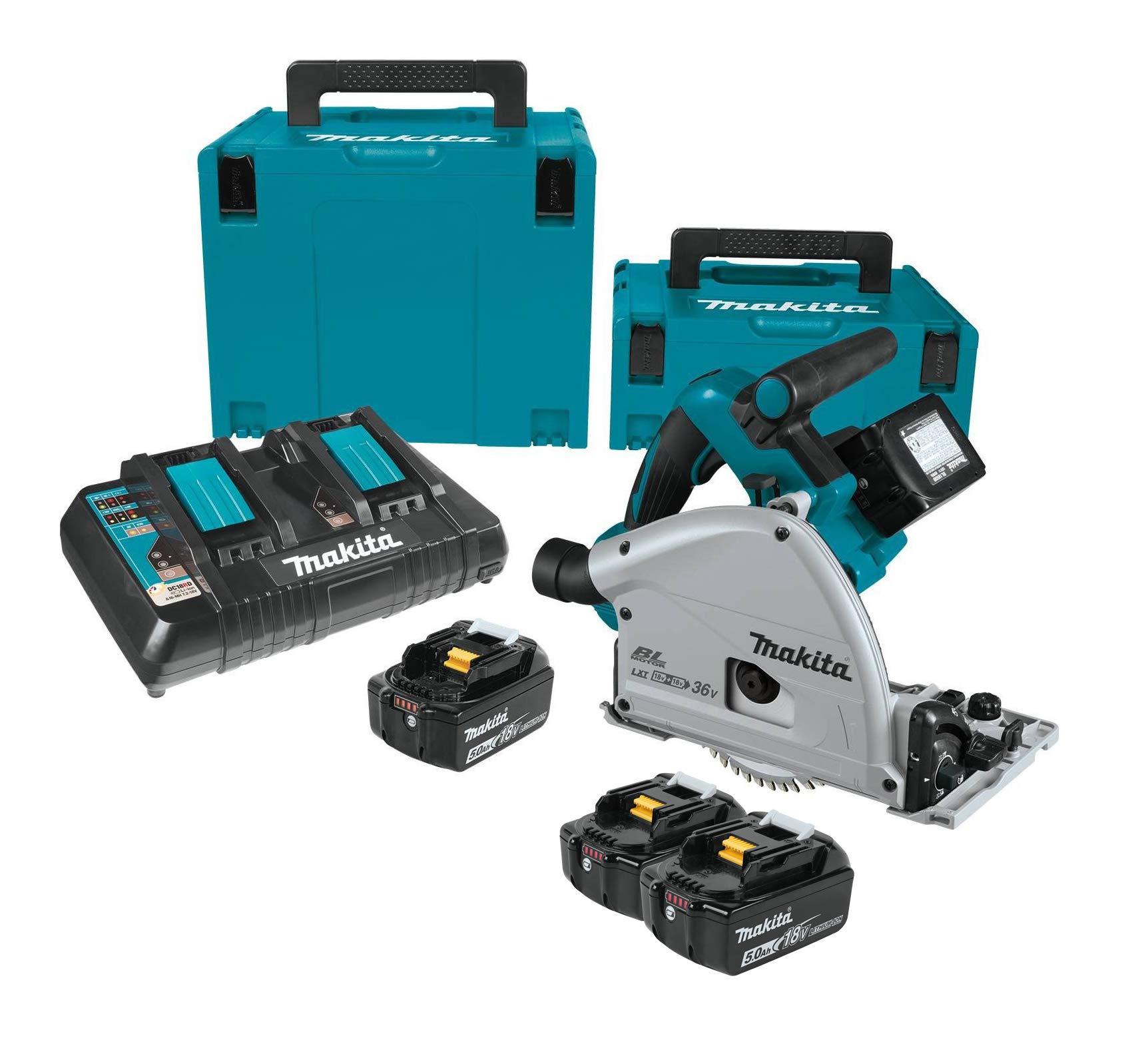 Makita XPS01PTJ 36V (18V X2) LXT® Brushless 6-1/2" Plunge Circular Saw Kit with bonus BL1850B-2 18V LXT® Lithium-Ion 5.0Ah Battery, 2/pk Image