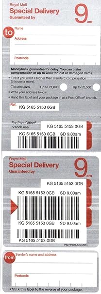 Royal Mail Special Delivery Guaranteed By 9am 100 x Flat Labels Bar Code: Amazon.co.uk: Business ...