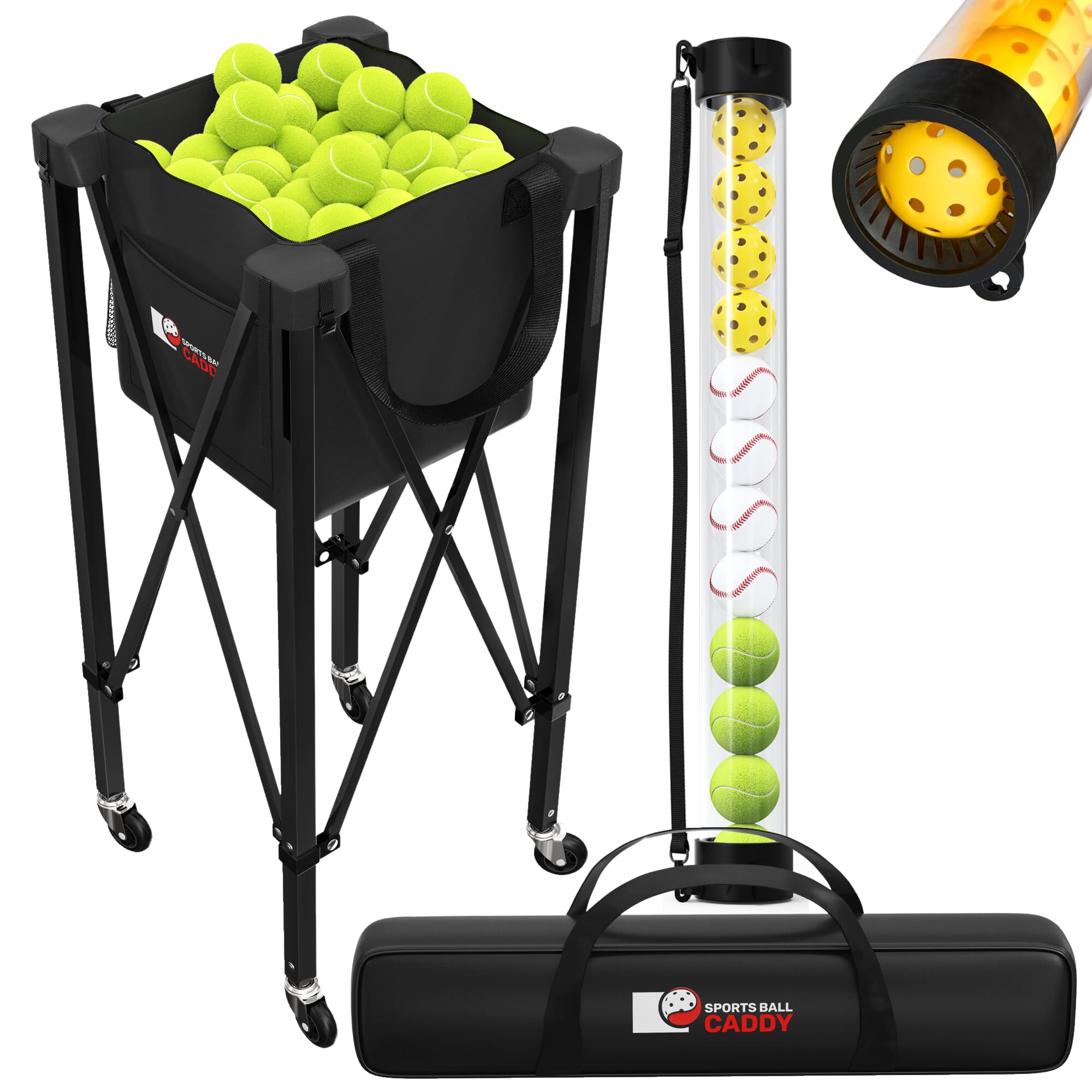 Photo 1 of [2-in-1 Set] Tennis & Pickleball Hopper with Pickup Tube – Pickleball Caddy with Collapsible Metal Frame Ball Basket and Wheels & Carry Case – 120 Tennis Balls or 100 Pickleball Ball Holder