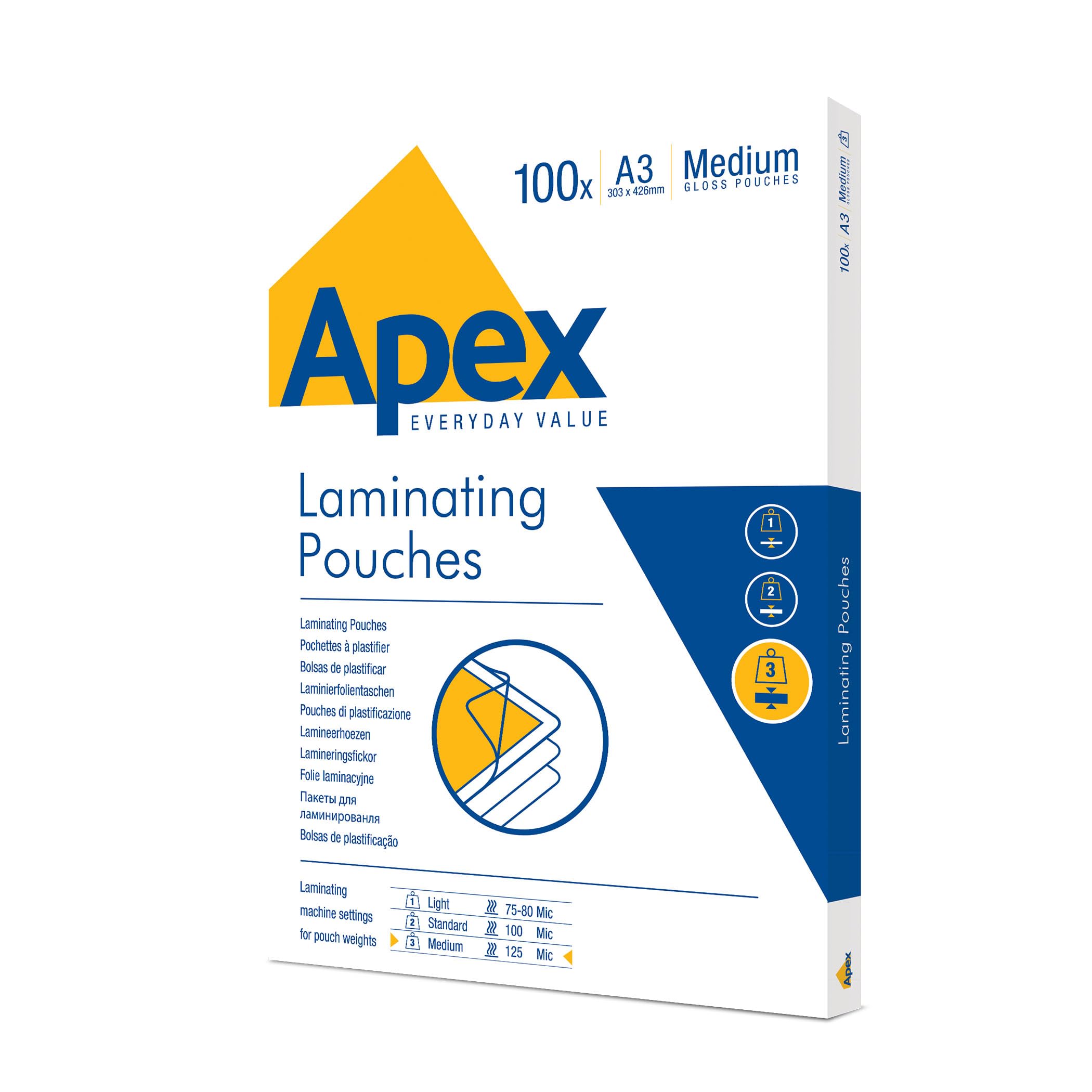 Fellowes Apex A3 Laminating Pouches, Glossy Finish, 100 Sheets - Medium Duty - Ideal for Notices, Photos, Creatives and Everyday Use