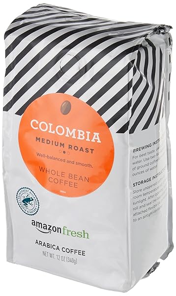 AMAZON FRESH COLOMBIA WHOLE BEAN COFFEE, MEDIUM ROAST, 12 OUNCE