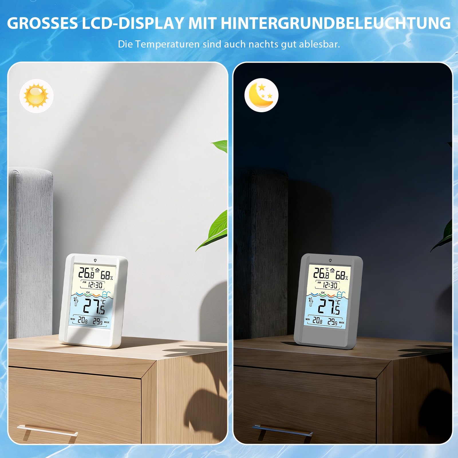 Warmfay Poolthermometer Funk Digital, Solar & Akku Betrieb, IP68 Wasserdicht Funkthermometer Schwimmend mit Empfänger bis 70 m Reichweite, Funk Pool Thermometer für Schwimmbad, Badewanne, Teich Spa 6