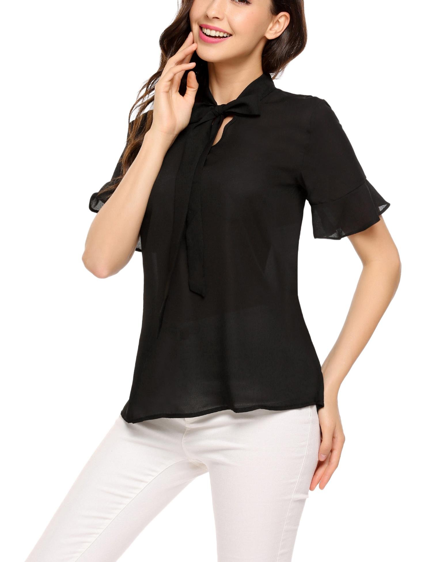 Women Elegant Chiffon Shirt Bow Tie Neck Elbow Sleeve Ruffle Solid Blouse Top Black/M