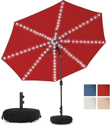 Sundale Outdoor Olefin 5-Year-Non-Fading Solar 104 LED 11FT Solar Patio Umbrella with Sand Bag Base, Outdoor Umbrella with Tilt and Crank, Red : Patio, Lawn & Garden