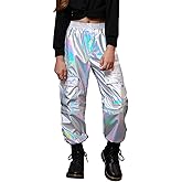 Perfashion Metallic Cargo Pants for Girls & Womens Hip Hop Dance Multi-Pocket Joggers High Waist Pants 6-15Y