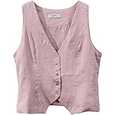 Amazhiyu Womens Pure Linen Sleeveless Button Down Crop Top V Neck Waistcoat Vest