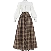 CR ROLECOS Plaid Victorian Dress for Women 2-Piece 1800s Edwardian Renaissance Costume with Pockets