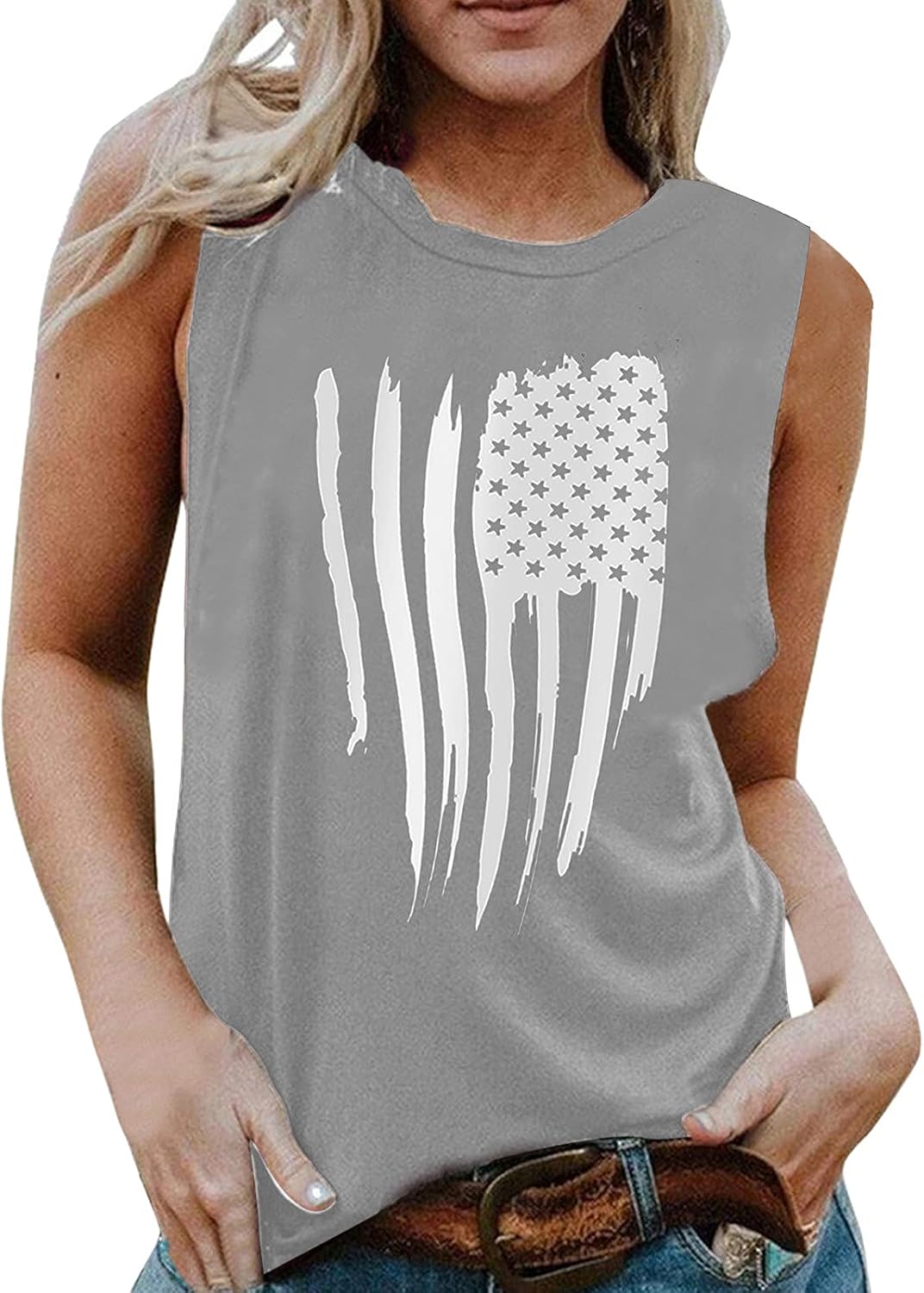 Fangren 4th of July Women's Patriotic Tank Tops Sleeveless O-Neck Retro Print Casual Loose Tops 