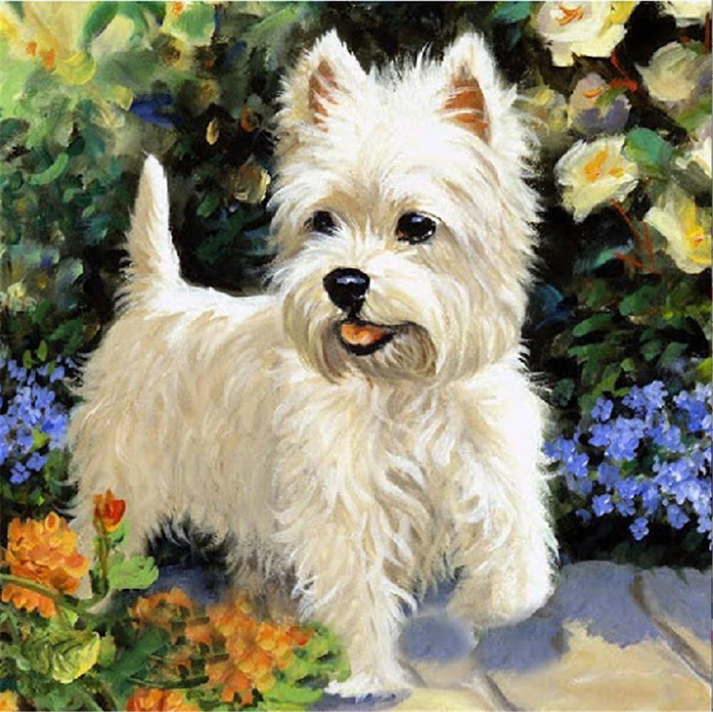 YEESAM ART New 5D Diamond Art Kits, White Llittle Dog 30x30