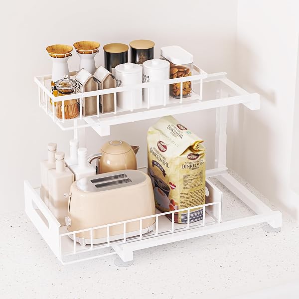 TOYEAR UNDER SINK ORGANIZER, HEAVY DUTY METAL PULL OUT CABINET ORGANIZER SLIDE OUT SINK SHELF ORGANIZER HEIGHT ADJUSTABLE, MULTI-PURPOSE STORAGE SHELF FOR KITCHEN BATHROOM(WHITE,2PACK)