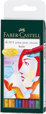 Faber-Castell Pitt Artist Pen Brush India Ink Wallet of 6 Basic Colours