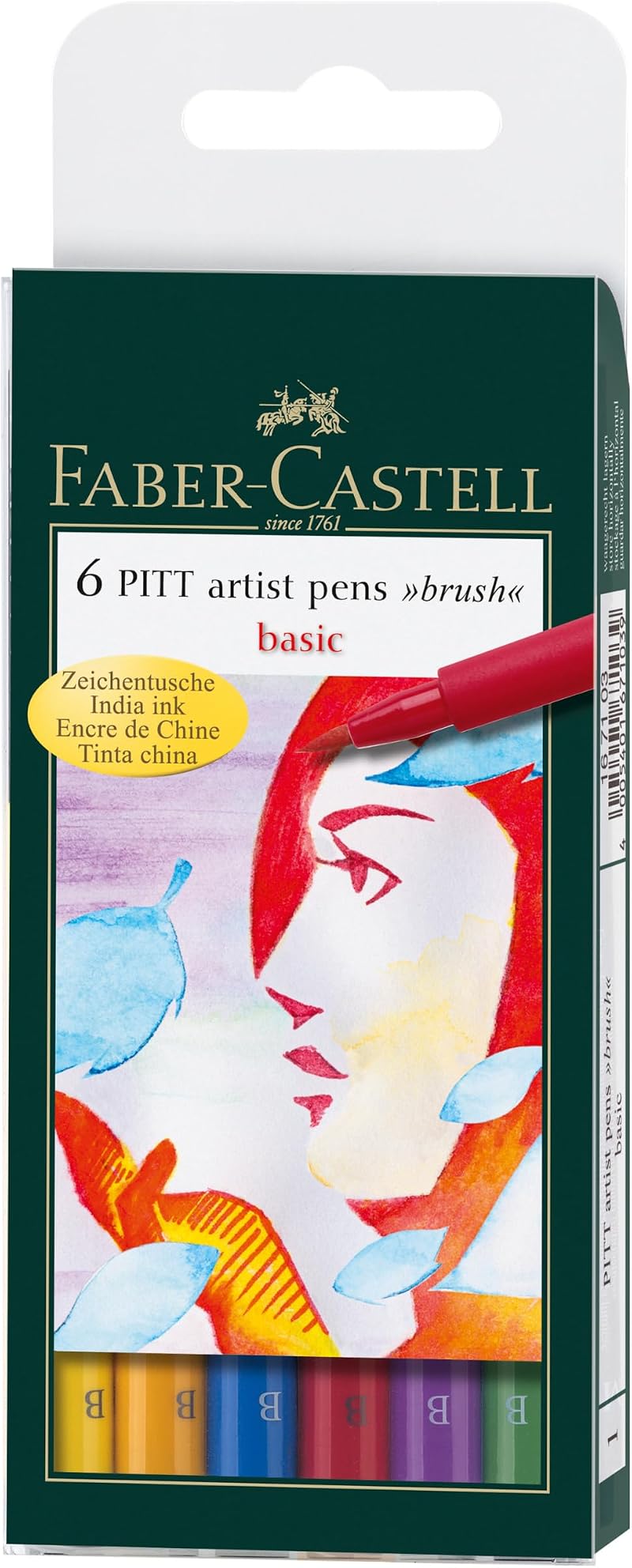 Faber-Castell Pitt Artist Pen Brush India Ink Wallet of 6 Basic Colours