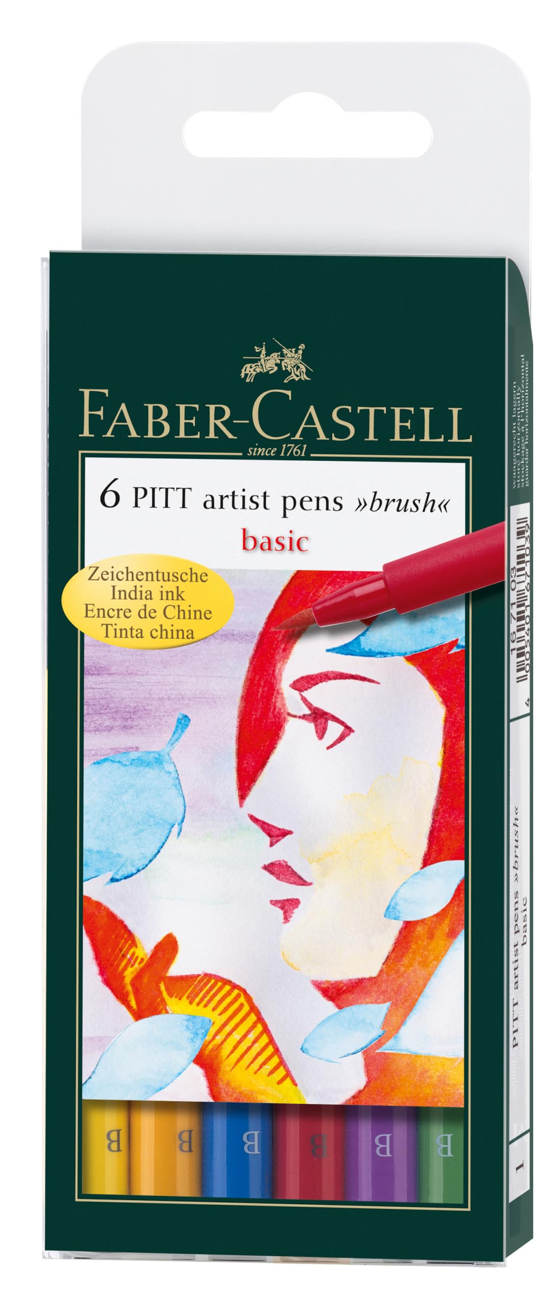 Faber-Castell Art & Graphic Pitt Artist Pen Brush India Ink Pen, Basic Colours, Wallet Of 6, For Art, Craft, Drawing, Sketching, Home, School, University, Colouring — image 1