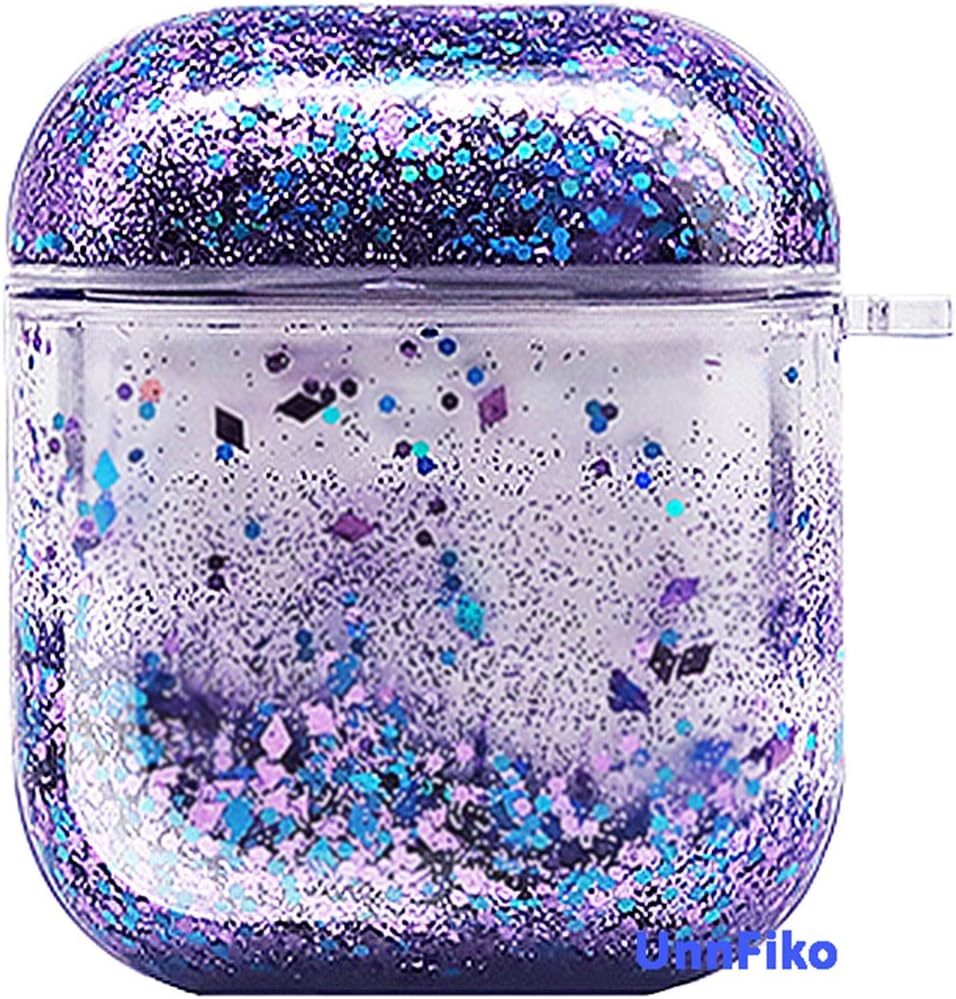 UnnFiko Bling Quicksand Case Compatible with AirPods 1/2, Cute Sparkle Liquid Protective Case, Funny Creative Hard Clear Airpods 1 & 2 Cover with Keychain (Purple Glitter)