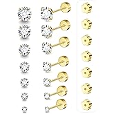 7 Pairs 20G Flat Back Stud Earrings for Women Men Hypoallergenic 14K Gold Plated Surgical Steel Stack Cartilage Earrings for Multiple Piercing Sensitive Ears Bonus Plum Blossom FlatBack Studs CZ 2-8mm