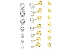DAVKA 7 Pairs 20G Flat Back Stud Earrings for Women Men Hypoallergenic 14K Gold Plated Surgical Steel Stack Cartilage Earrings for Multiple Piercing Sensitive Ears Bonus Plum Blossom FlatBack Studs CZ 2-8mm