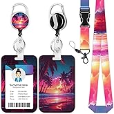 Tropical Beach Lanyards for Id Badges, Palm Tree ID Badge Holder with Heavy Duty Retractable Reel Clip Keychain Lanyard for Teacher Nurse Doctor Office Staff Student