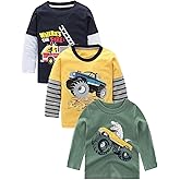 Boys Long Sleeve T-Shirts Casual Cotton Shirts Graphic Active Crewneck Tee Shirts for Toddler Kids Boys 3 Pack