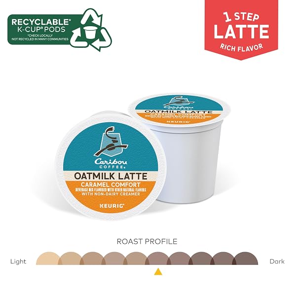 CARIBOU COFFEE CARAMEL COMFORT OATMILK LATTE, ONE STEP LATTE SINGLE SERVE KEURIG K-CUP PODS, 20-COUNT BOX