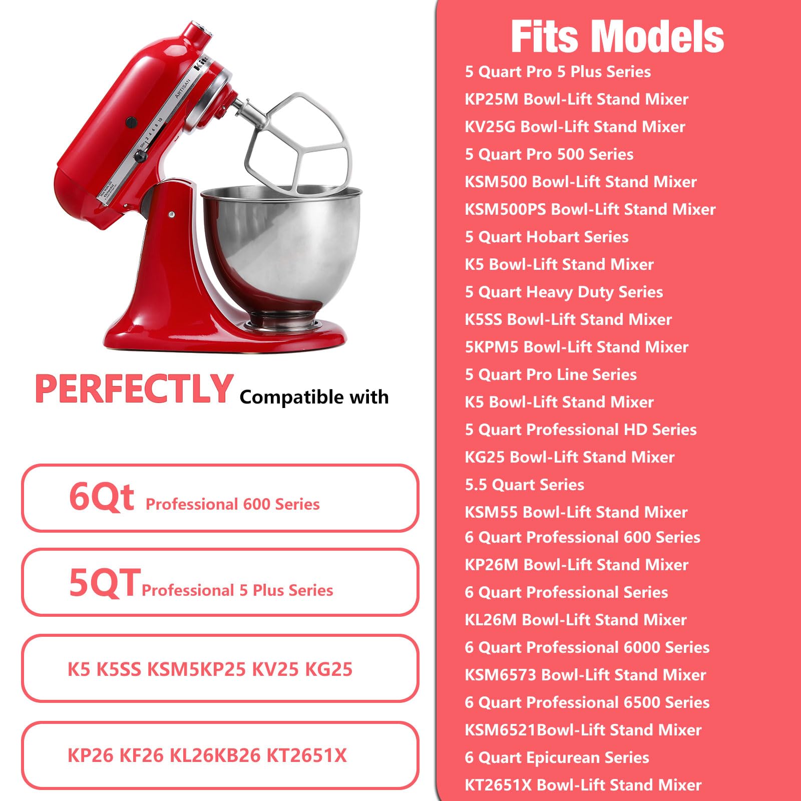 5-6QT Stainless Steel Flat Beater for KitchenAid Stand Mixer, Kitchen Aid Paddle Attachment Accessories/No coating/Dishwasher Safe Replacement for kitchenaid Professional 5 Plus and 600 Series Mixer
