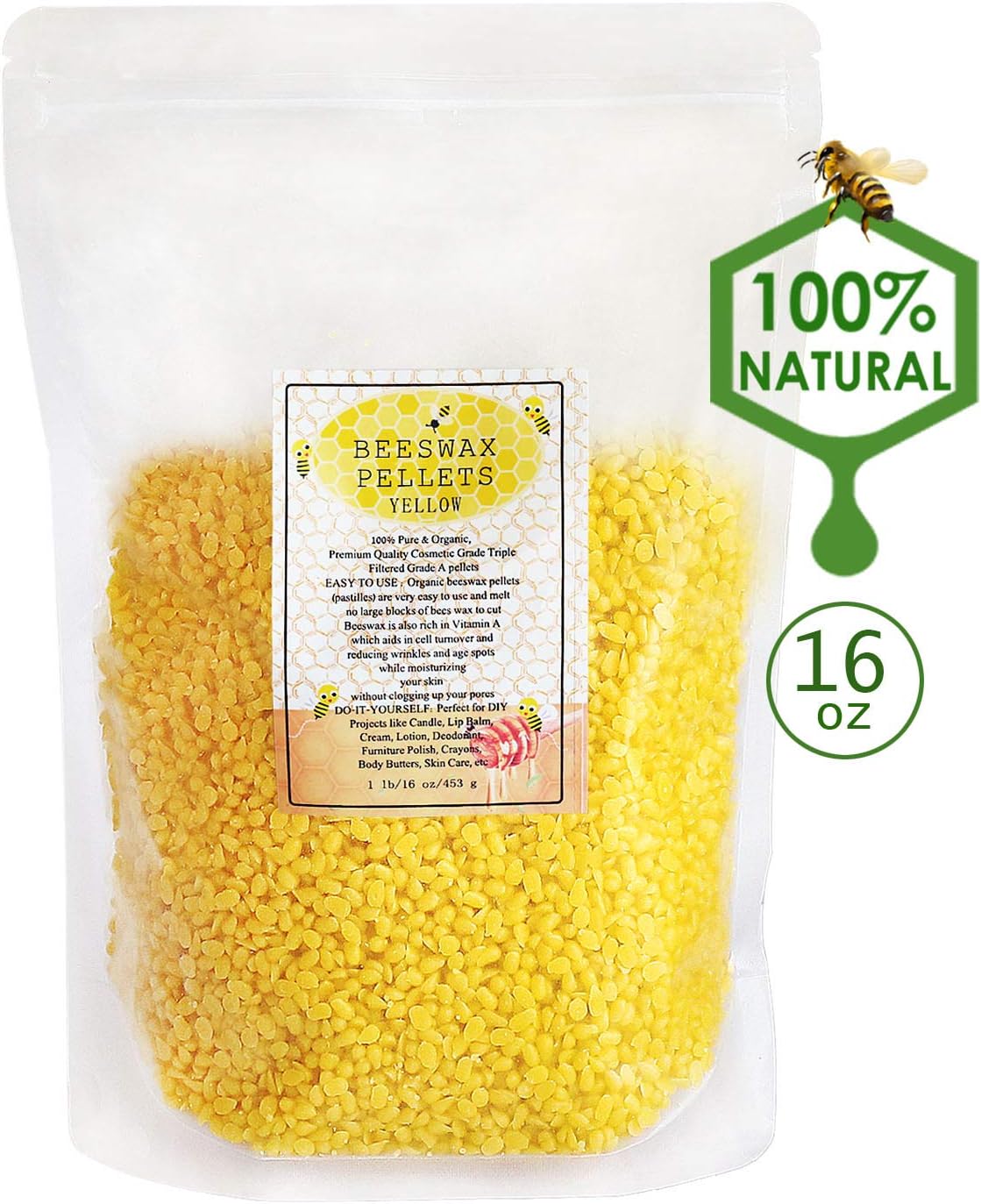 XYUT Yellow Beeswax Pellets 16 oz 100% Pure and Natural Triple Filtered for Skin, Face, Body and Hair Care DIY Creams, Lotions, Lip Balm and Soap Making Supplies.