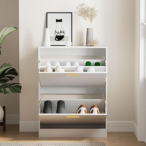NOVAMAISON Shoe Cabinet for Entryway with Flip Drawers, White Narrow Shoe  Storage Cabinet, Freestanding Shoe