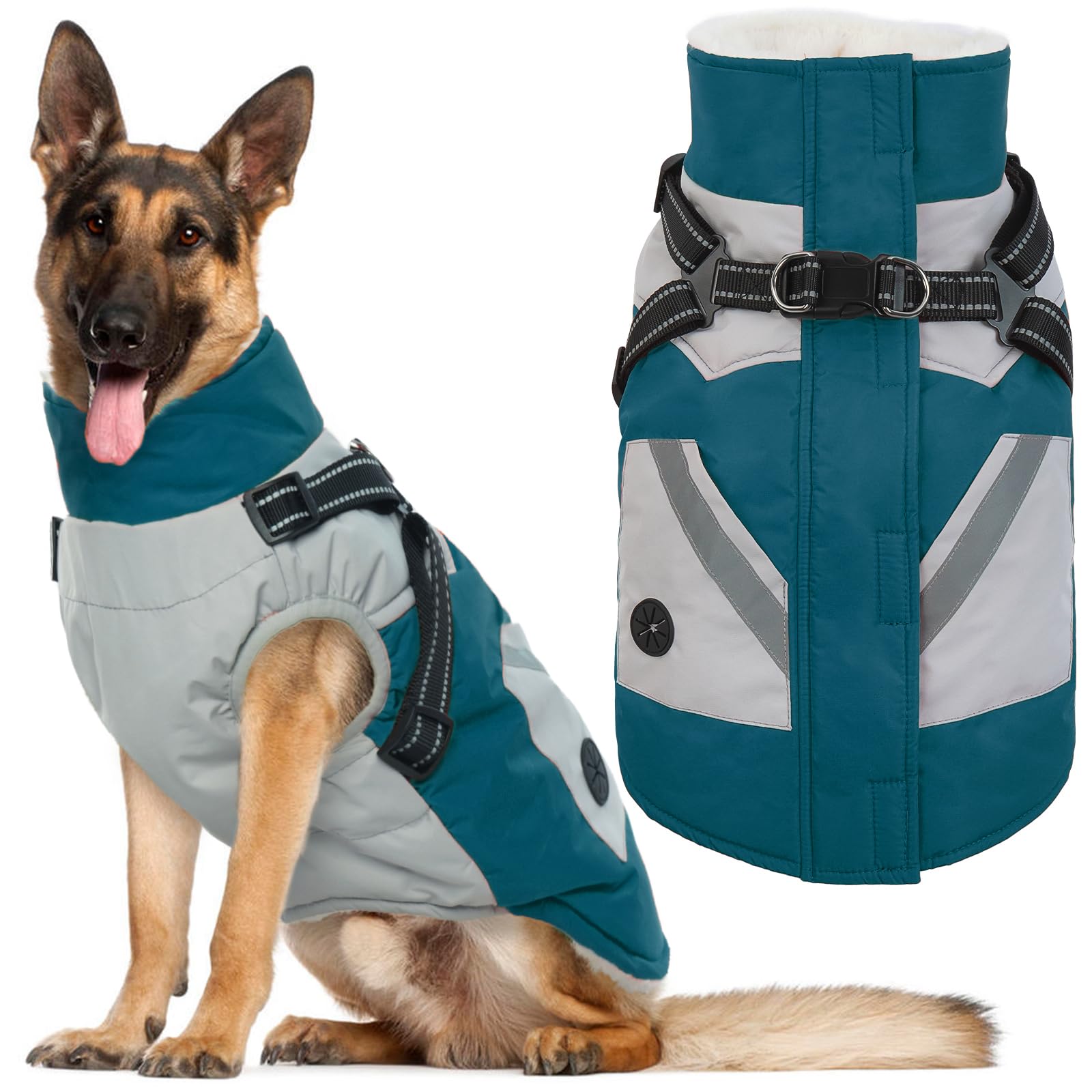 Photo 1 of IECOii Dog Winter Coat with Harness Built in, Waterproof Windproof Dog Coats for Large Dogs, Thermal Fleece Cold Weather Jackets with Zip, Outdoor Warm Snow Jacket Reflective, Turquoise Green, XL
