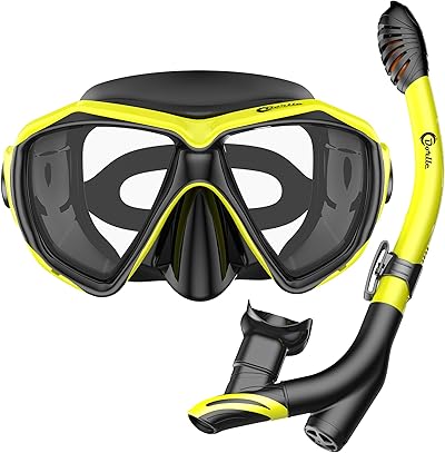 Dorlle Schnorchelset Schnorcheln Set mit Schnorchel und Taucherbrille，wasserdichte Tauchmaske Anti-Fog Anti-Leck aus Gehärtetem Glas，mit 3-Kanal Premium Dry Schnorchel für Erwachsene