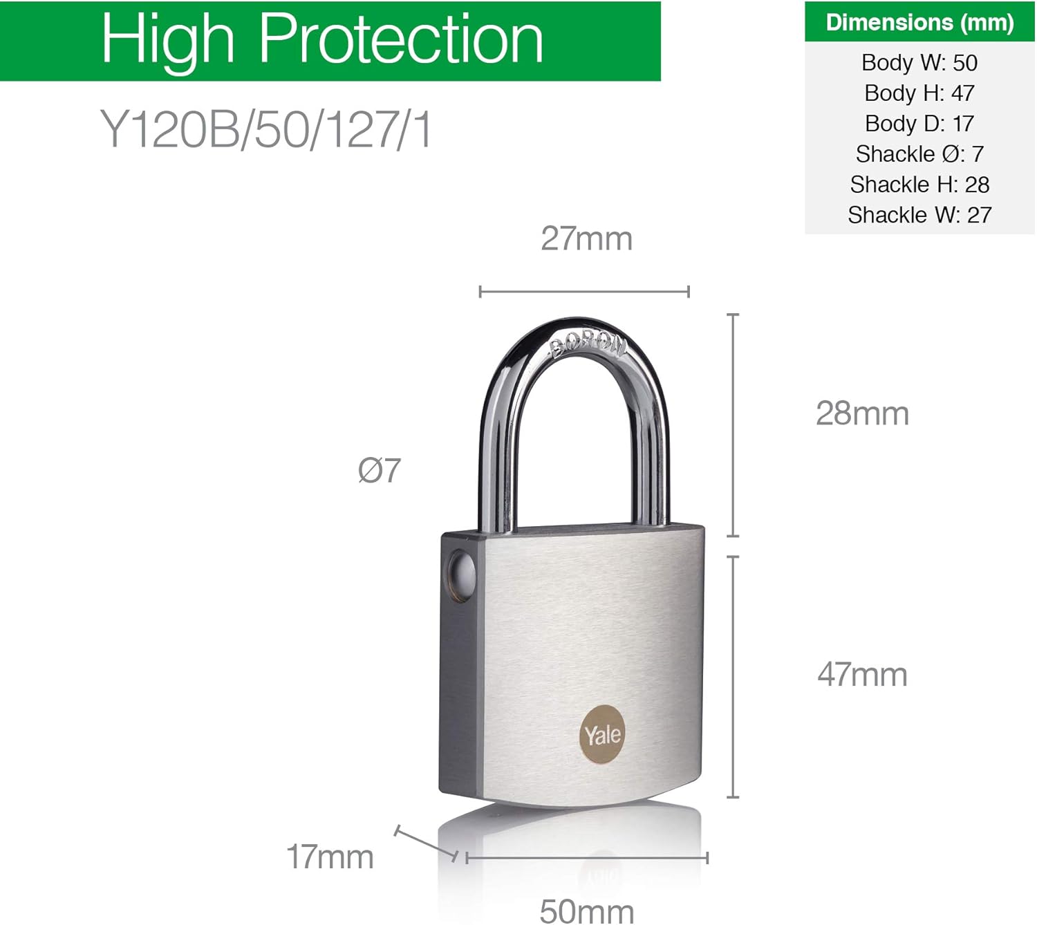 Yale - Y120B/50/127/1 High Security 50mm Brass Padlock with Chrome Finish - Open Boron Shackle - 3 Keys - Image 4