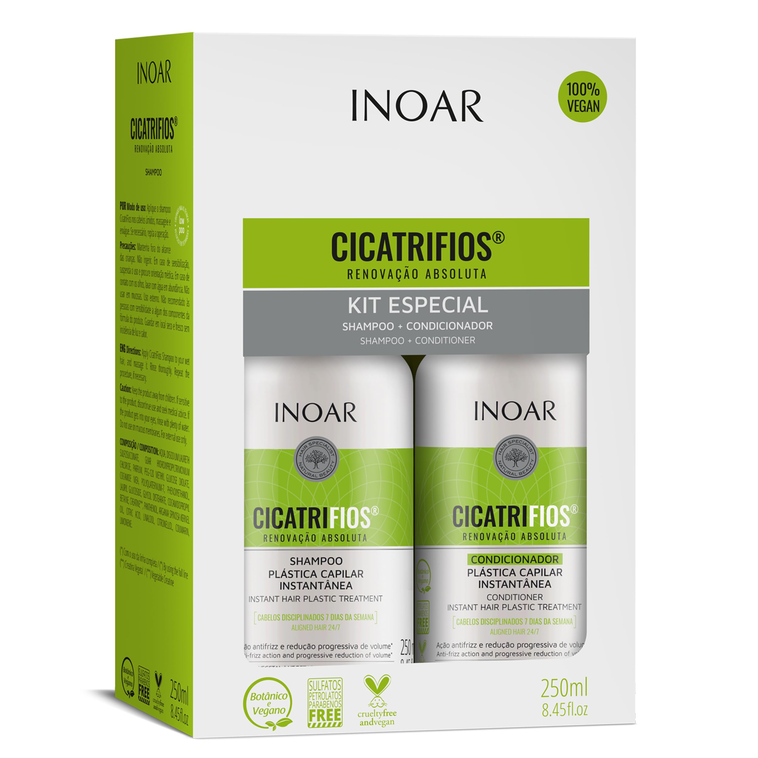 INOAR Cicatrifios Shampoo + Conditioner Kit, 250ML, Hydrating, Alcohol Free, Argan Scent, RejuComplex3 Technology, Hair Care Specialist Brand