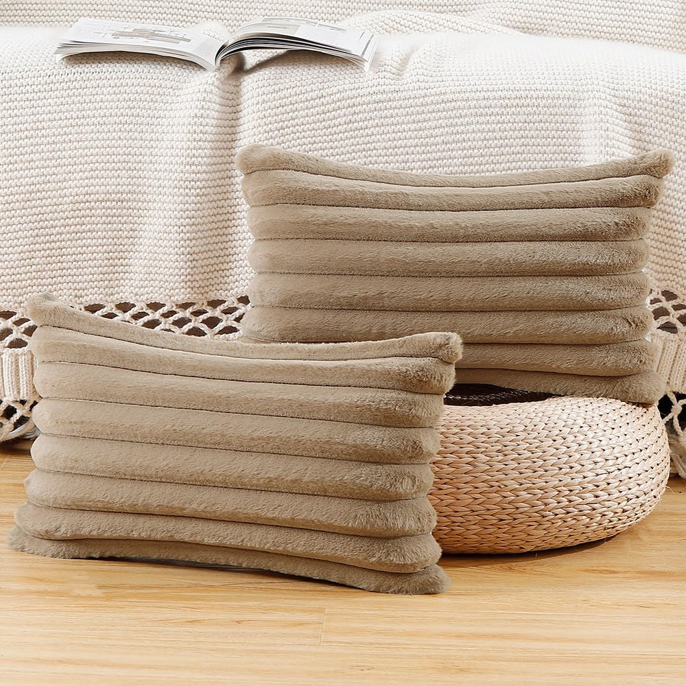 Madizz Set of 2 Faux Fur Decorative Cushion Covers 12x20 inch, 30x50 cm, Brown Soft Couch Throw Pillows for Bed Modern Pillowcases for Sofa Livingroom Home Decor — image 1