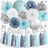 Bridal Shower Decorations Blue and Silver Dusty Blue Bridal Shower Decorations Light Blue Bachelorette Party Decor Bride to Be White Decor Paper Lanterns Fans Poms with White Tassel Garland