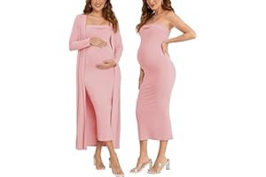 Ecavus Maternity Tube Dress Long Cardigan 2 Piece for Baby Shower and Wedding Guest Ribbed Maternity Photoshoot Dresses