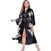 BABEYOND Plus Size Long Kimono Robe Floral Satin Robes Silky Kimono Cover Up Loose Cardigan Top Bachelorette Party Robe