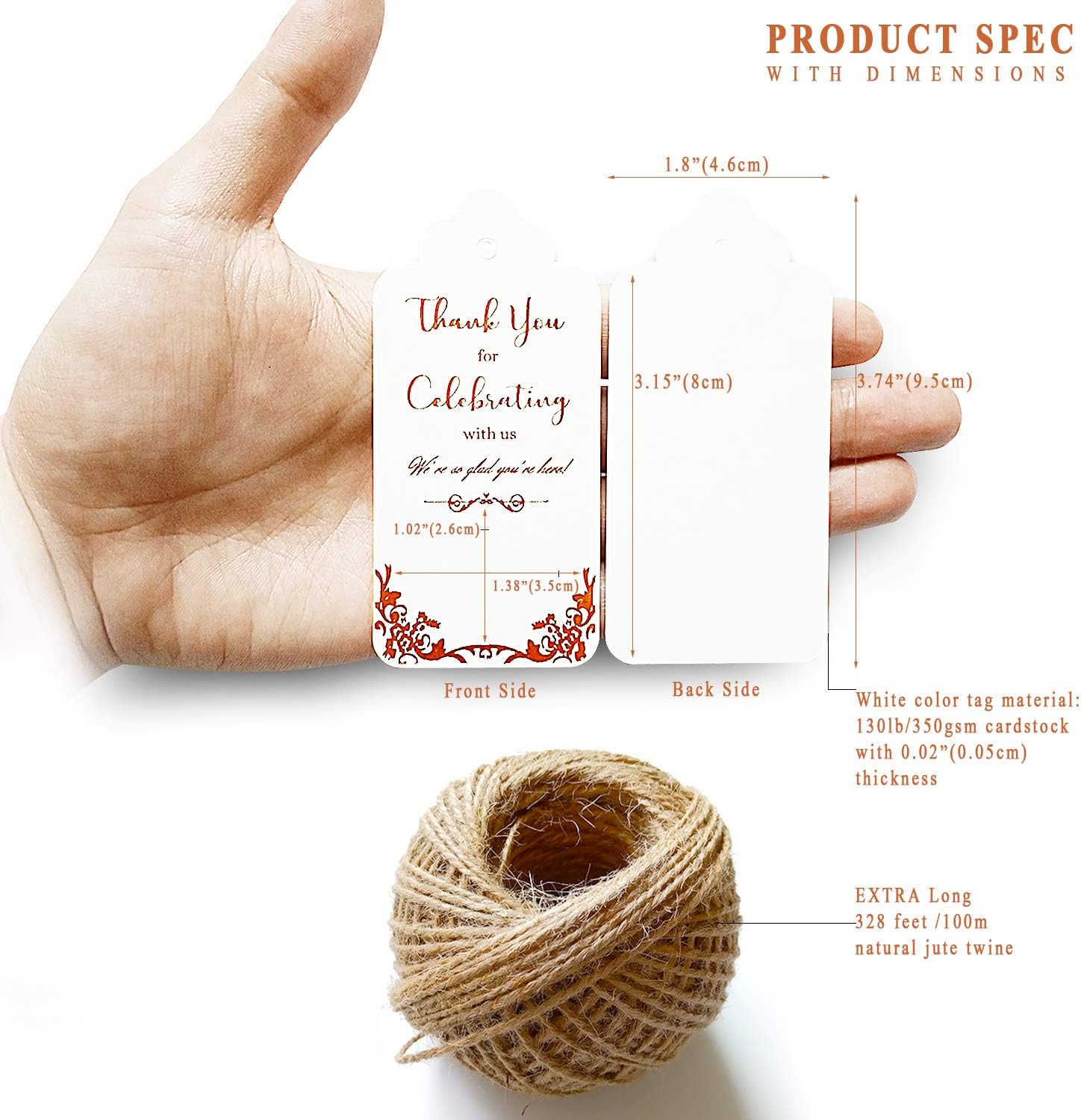 100 Wedding Favor Tags (Free Extra Long 328ft Twine), Rose Gold Foil Preprinted on White Tags with Writing Thank You for Celebrating with Us, We’re so Glad You’re Here : Office Products